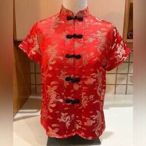 CLIO Vintage Silk Feeling Red and Gold Mandarin Style Blouse Top